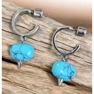 Signed GEN Faux Turquoise Silver Tone Spike Dangle Hoop Earrings
